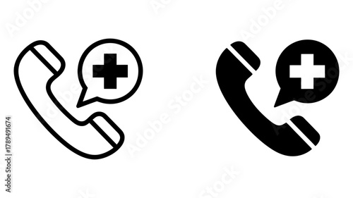Emergency call service icon, medical assistance hotline symbol, health support contact, urgent healthcare communication and phone support for help