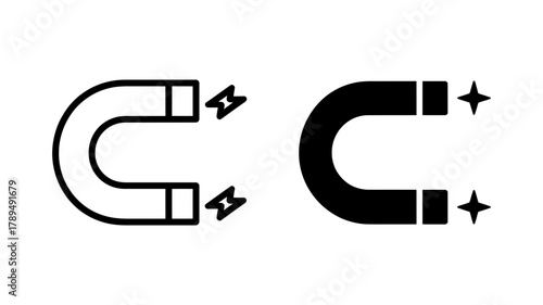 Horseshoe magnet icon set illustrating attraction, magnetic force, and scientific principle. outline and solid glyph style perfect for modern design needs, app.