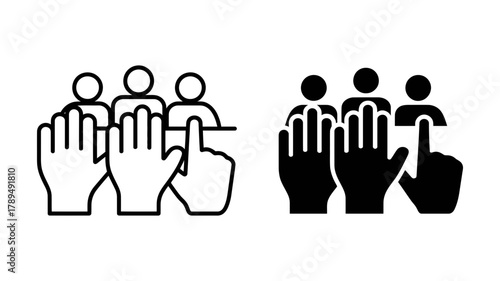 People voting or participating in a poll icon set. group of individuals raising hands to indicate choice, selection, or agreement for surveys and elections.