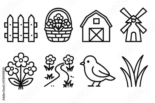 Countryside Icon Set. Countryside Flowers linear icon set: fence, basket, barn, windmill, flower bunch, path, bird, grass blade.