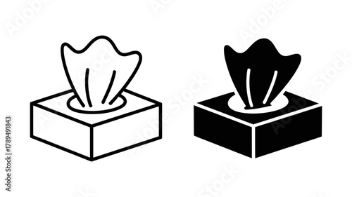 Tissue box icon set, one outline version and one solid black filled version, representing hygiene, illness, and personal care necessities.