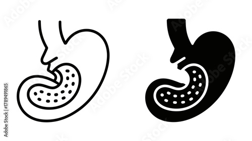 Human stomach outline and solid silhouette icon set illustrating digestive system anatomy, gastric health, digestion process, and medical concepts