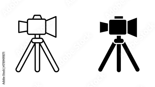 Professional camera icon on a tripod, symbolizing video recording, filmmaking, photography, live streaming, and digital content creation concepts