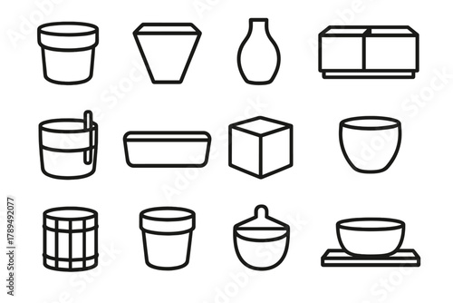 Contemporary Plant Pots. Modern Plant Containers linear icon set: concrete pot, geometric planter, matte black vase, modular planter box, self-watering pot, rectangular trough,