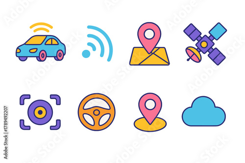 Autonomous Vehicle Icons. Autonomous Vehicles modern flat icons set: self-driving car, radar waves, GPS icon, satellite, camera sensor, steering wheel, map pin, cloud.