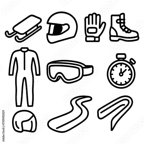 Luge Gear Icons. Sport Equipment linear icon set: luge sled, helmet, gloves, boots, suit, goggles, track, stopwatch.