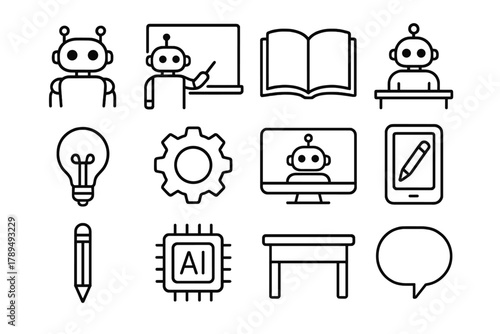 Robots Teaching Icons. Teaching Robots Icons linear icon set: robot, chalkboard, book, student, light bulb, gear, screen, tablet, pencil, AI chip, desk, speech bubble.