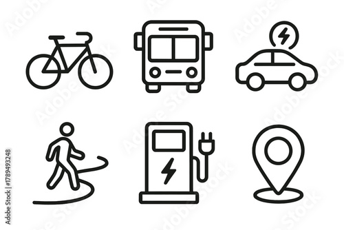 Eco-Friendly Commute Icons. Sustainable Commuting linear icon set: bicycle, bus, electric car, walking path, charging station, map pin.