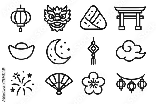 Lunar New Year Icons. Lunar New Year Lantern Icons linear icon set: red lantern, dragon head, rice dumpling, temple gate, gold ingot, moon, tassel, cloud, fireworks, fan, plum