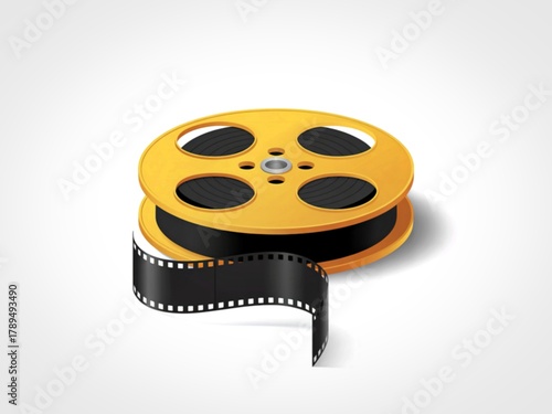 Vintage yellow film reel with unspooling black film strip