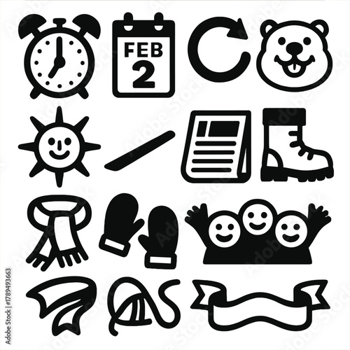 Groundhog Day Icons. Groundhog Day – Humor & Spirit silhouette icon set: alarm clock, calendar page “Feb 2”, looping arrow, smiling groundhog, sunshine face, shadow line, newspaper