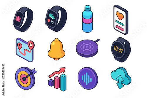 Connected Fitness Icons. Connected Fitness Lifestyle modern flat icons set: yoga tracker, smartwatch with display, smart bottle, fitness app interface, GPS route line, notification