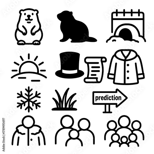 Groundhog Day Symbols. Groundhog Day – Tradition & Folklore linear icon set: groundhog, shadow silhouette, burrow, calendar, sunrise, top hat, scroll, winter coat, snowflake, grass