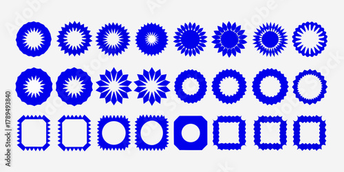 Collection of twenty four unique blue geometric starburst and ornamental frame shapes on a white background