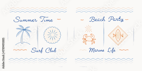 Summer time beach party surf club marine life with palm tree sun crab and surfboard illustrations