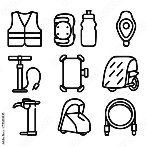 Urban Scooter Essentials Icons. Urban Scooter Gear linear icon set: reflective vest, knee pads, water bottle, rear light, tire pump, smartphone holder, rain cover, cable lock.