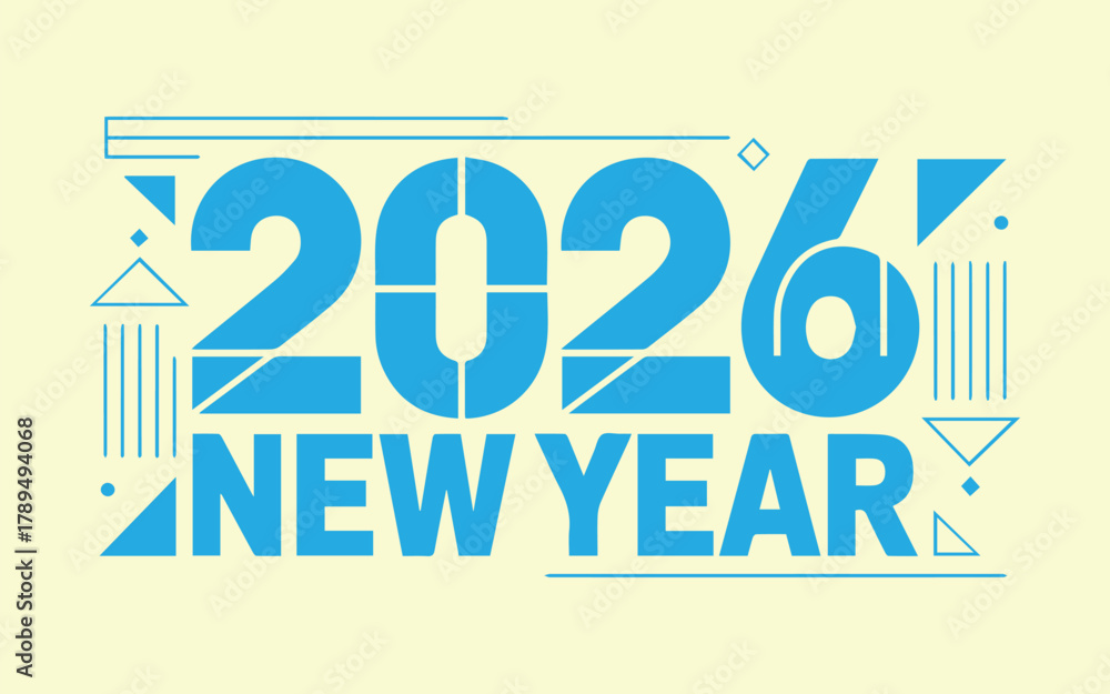 Naklejka premium Celebrate 2026 New Year with modern geometric design and vibrant blue hues, perfect for holiday greetings, festive invitations, and stylish seasonal promotions