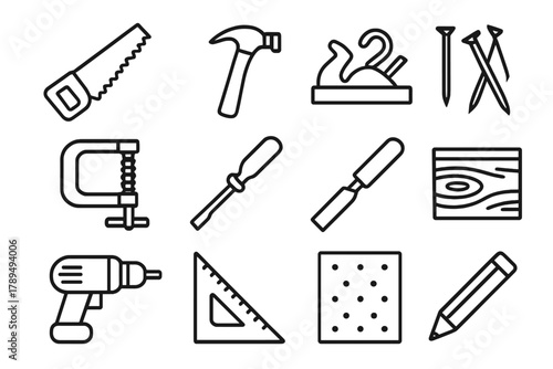 Carpentry Tools Icons. Carpentry Tools Icons linear icon set: saw, hammer, plane, nails, clamp, screwdriver, chisel, wood board, drill, ruler, sandpaper, pencil.