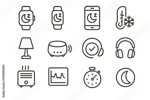 Sleep Tech Icons. Sleep Tech linear icon set: smartwatch, sleep tracker, phone app, smart lamp, sound machine, temperature control, air purifier, data chart, headphone icon, sleep