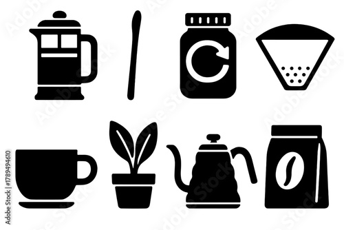 Eco Coffee Icons. Eco Coffee Setup silhouette icon set: French press, bamboo stirrer, refill jar, paper filter, cup, plant, water kettle, bean bag.