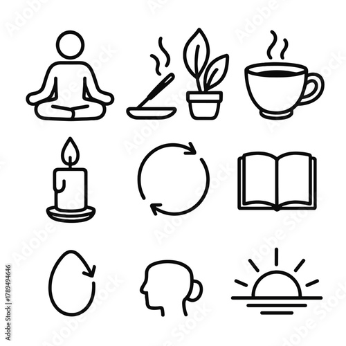 Mindful Icons Collection. Mindful Living linear icon set: meditation pose, incense, plant, tea cup, candle, breathing circle, book, sunrise.