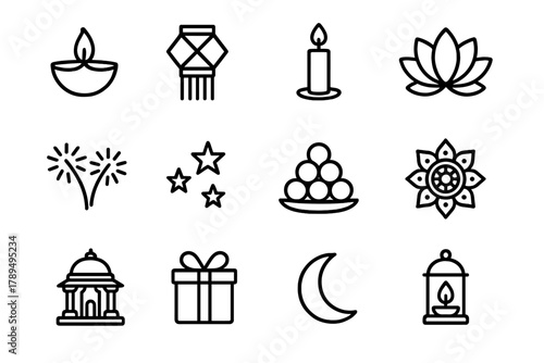 Festival Icons Collection. Festival of Lights Icons linear icon set: diya, lantern, candle, lotus, fireworks, stars, sweets, rangoli, temple, gift, moon, lamp.