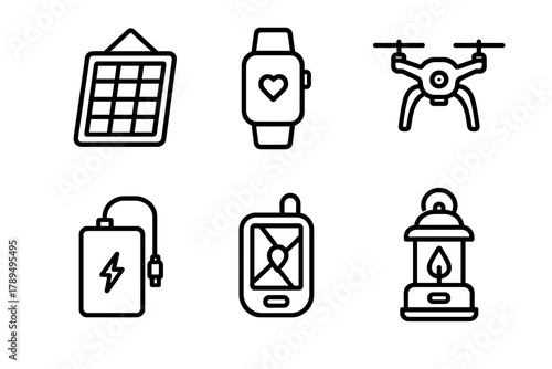 Tech Gear Icons. Tech Camping linear icon set: solar charger, smartwatch, drone, power bank, GPS device, lantern.