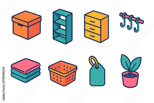 Isometric Organization Icons. Small Space Organization modern flat icons set: storage box, shelf unit, drawer, hanging hooks, folded clothes, basket, label tag, plant pot.