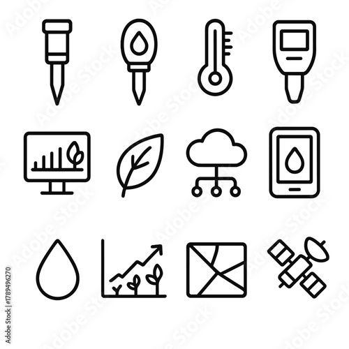 Smart Farming Icons. Agricultural Sensors linear icon set: soil probe, moisture meter, thermometer, pH tester, data screen, leaf icon, cloud network, tablet app, water droplet,