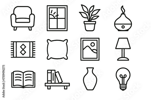 Cozy Home Icons. Holistic Spaces linear icon set: cozy armchair, sunlight window, indoor plant, essential oil diffuser, rug, soft cushion, wall art, calm lamp, open book, wooden