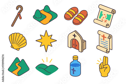 St. Andrew's Icons. St. Andrew’s Feast – Pilgrimage & Blessings modern flat icons set: pilgrim staff, open path, sandals, scroll map, seashell, guiding star, church gate, prayer