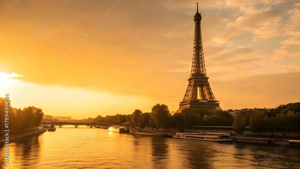Fototapeta premium Eiffel Tower At Sunrise With Golden Sky Reflection On Seine River, Showcasing Iconic Paris Landmark, Romantic Atmosphere, Breathtaking Cityscape, And The Timeless Beauty Of France