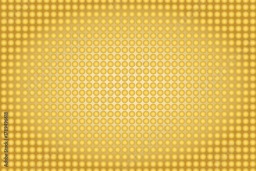 Geometric pattern of golden circular dots arranged in a grid creating embossed appearance with soft highlights and shadows, on a gold gradient background.