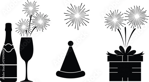 Celebration silhouette, champagne bottle, party hat, gift box, fireworks, festive icon, New Year, holiday, black vector, white background