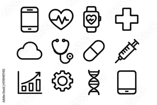 Digital Health Icons. Digital Health Icons linear icon set: mobile app, heart rate, smartwatch, medical cross, cloud, stethoscope, pill, syringe, data chart, gear, DNA, tablet.