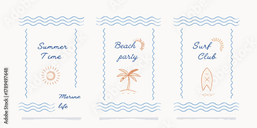 Three charming summer themed illustrations with text for beach party and surf club