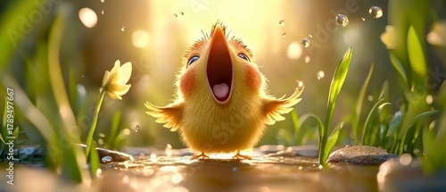 Joyful baby bird singing in a sunlit meadow nature photography vibrant environment close-up perspective