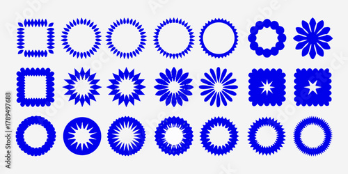 Collection of abstract blue geometric shapes and decorative borders on a white background