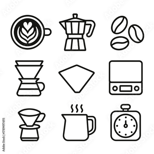 Artisan Coffee Icons. Artisan Coffee linear icon set: latte art, moka pot, beans, scale, pour-over cone, filter, steaming pitcher, timer.
