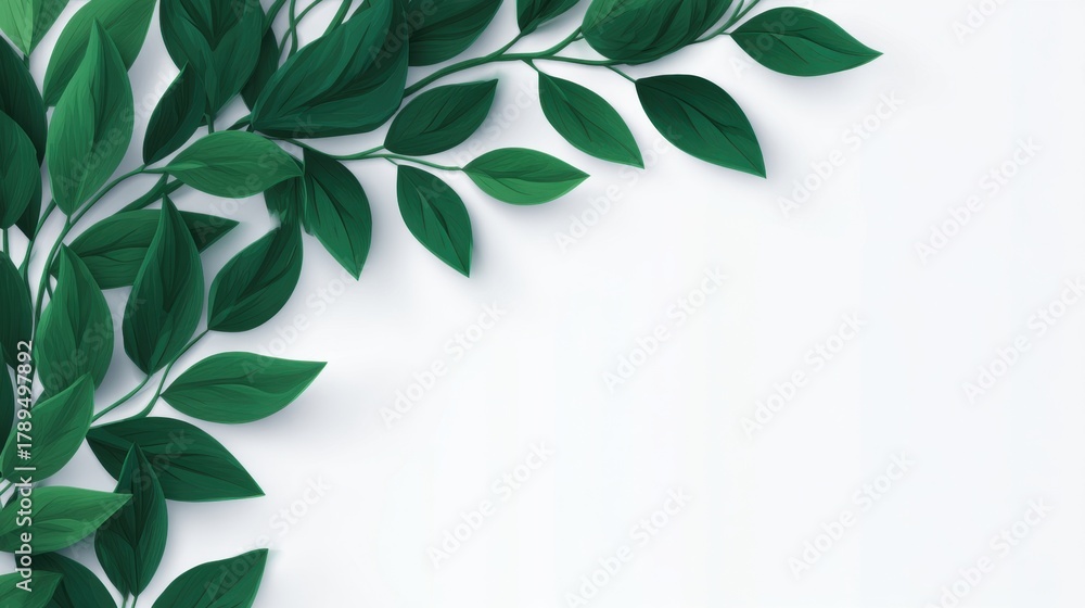 Fototapeta premium Lush Green Leaves and Branches on Clean White Background with Copy Space