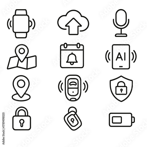 Smart Living Icons. Smart Living Ecosystem linear icon set: wearable hub, cloud sync, home automation symbol, voice control mic, location tracker, calendar alert, connected app, AI
