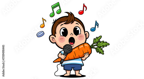 Creative cartoon illustration of a little boy singing joyfully into a large carrot microphone, a playful concept of music and imagination