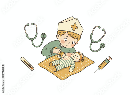 Imaginative little boy in a doctor's costume gives a medical check-up to a doll with toy instruments