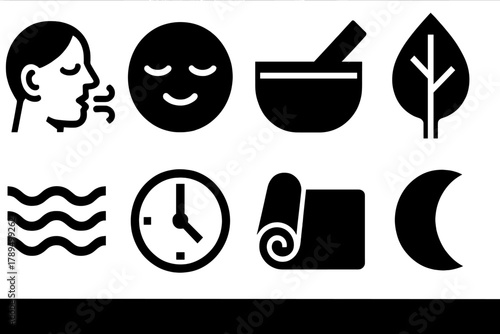 Mindful Icon Set. Mindful Moments silhouette icon set: breathing icon, calm face, sound bowl, leaf symbol, gentle waves, clock timer, yoga mat, moon phase.