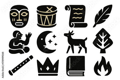 Folklore Icon Collection. Cultural folklore silhouette icon set: mask, drum, scroll, feather, storyteller, moon, animal, tree, flute, crown, book, fire.