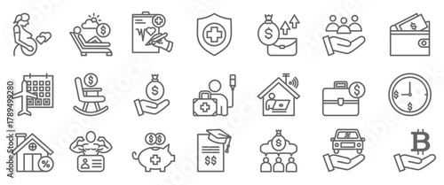 Employee benefits icon set. Containing social security, pay raise, health and life insurance, paid vacation, bonus and more icons. Solid icon collection.