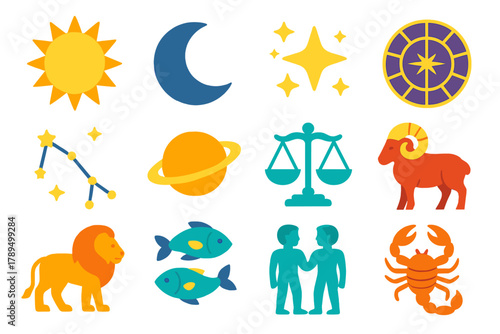 Celestial Symbols Array. Celestial Symbols flat icons: sun, moon, stars, zodiac wheel, constellation, planet, scales, ram, lion, fish, twins, scorpion.
