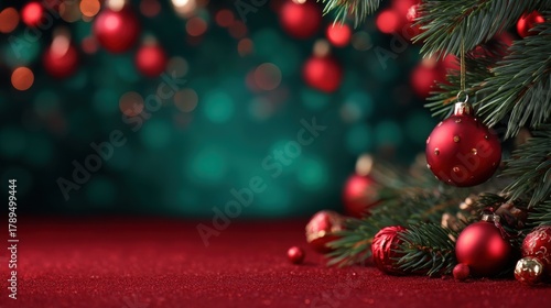 Festive Christmas Background with Red Ornaments, Pine Branches and Bokeh Lights