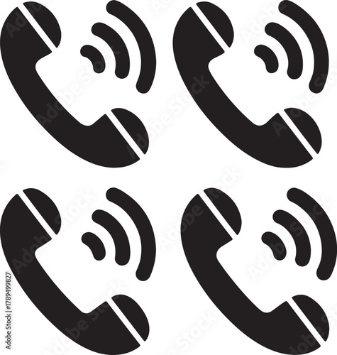 Four black telephone handset icons with sound waves