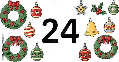 Christmas countdown, number 24, holiday wreaths, ornaments, red bows, festive decor, advent calendar, winter celebration, holly, bell, star, vector design